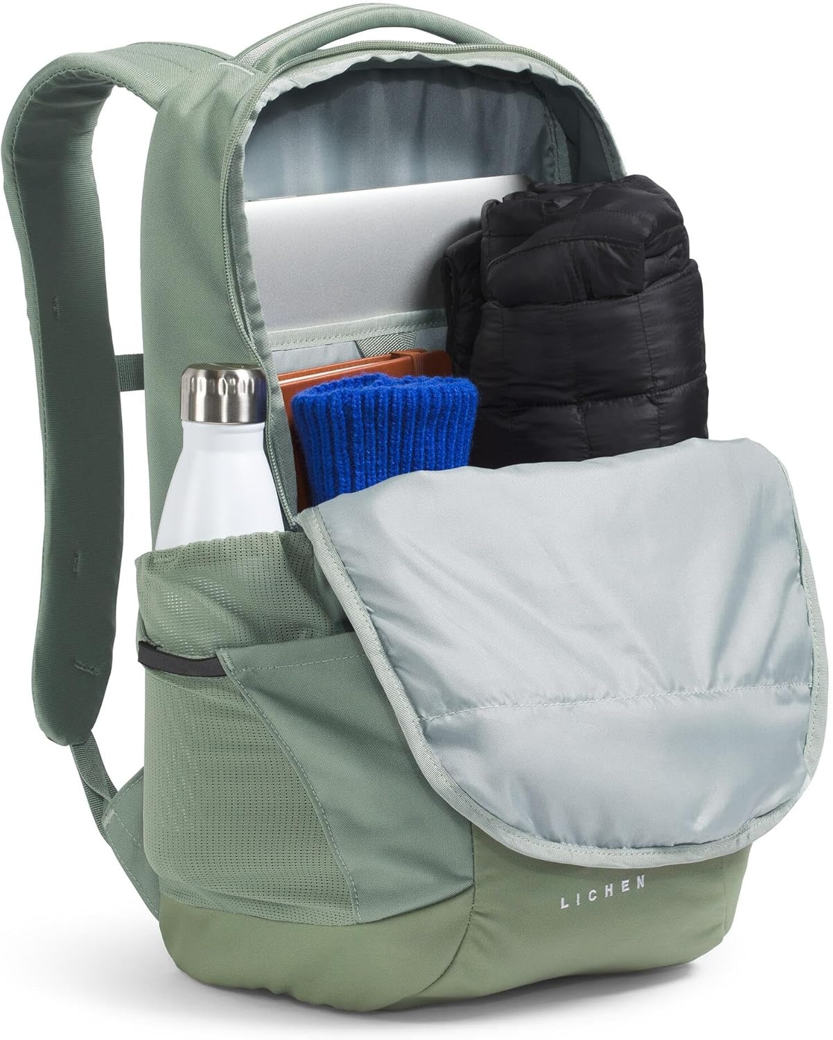 imageThe North Face Lichen Daypack Everyday Commuter Backpack Laptop Sleeve Water Bottle Pockets Center Front Pouch Smoked Pearl Dark HeatherTNF Black One SizeBark MistSlate Moss