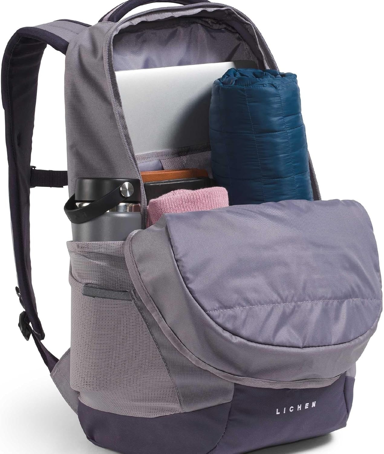 imageThe North Face Lichen Daypack Everyday Commuter Backpack Laptop Sleeve Water Bottle Pockets Center Front Pouch Smoked Pearl Dark HeatherTNF Black One SizeTranscendent GreyEndless Dusk