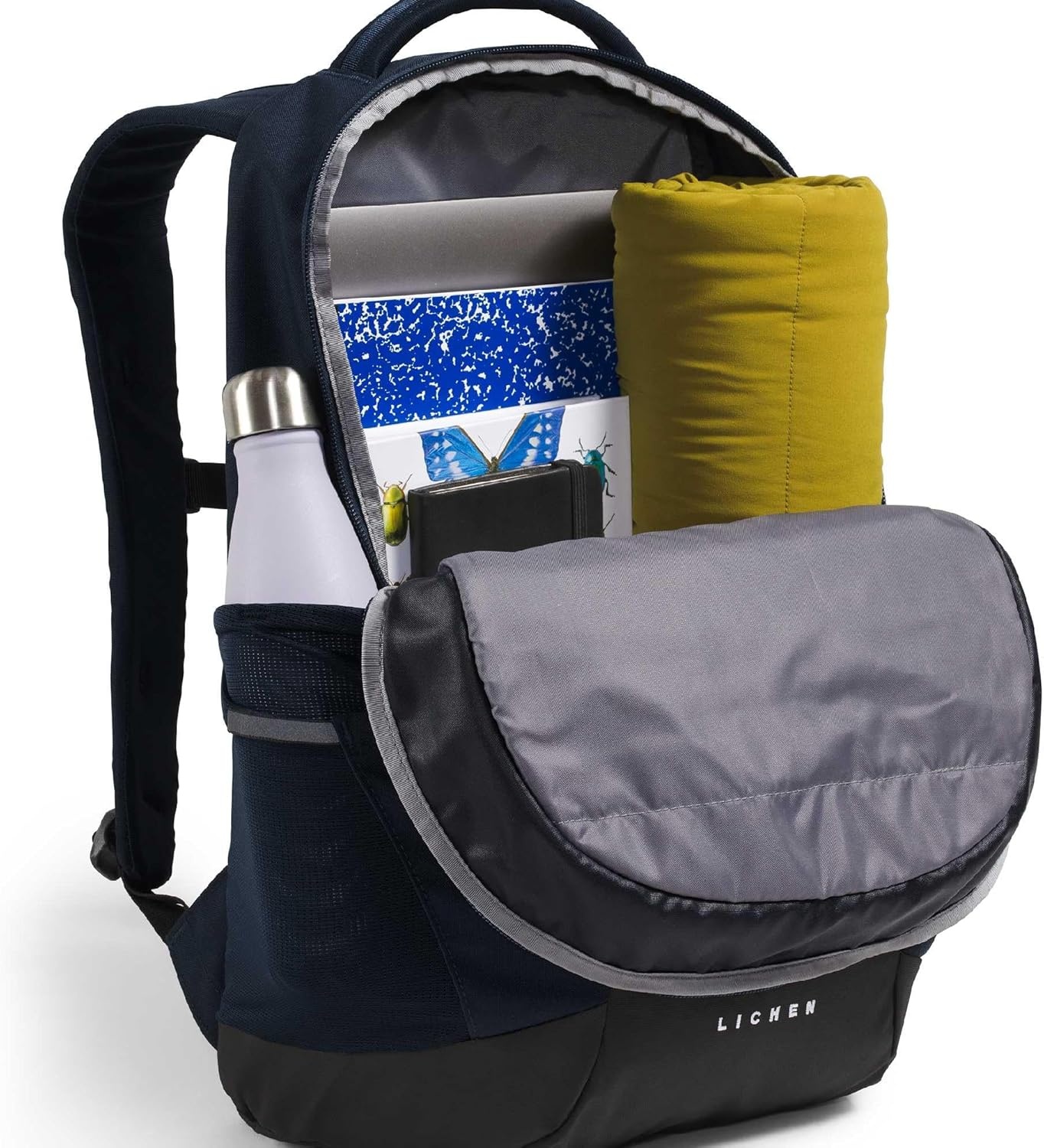 imageThe North Face Lichen Daypack Everyday Commuter Backpack Laptop Sleeve Water Bottle Pockets Center Front Pouch Smoked Pearl Dark HeatherTNF Black One SizeSummit NavyTnf Black