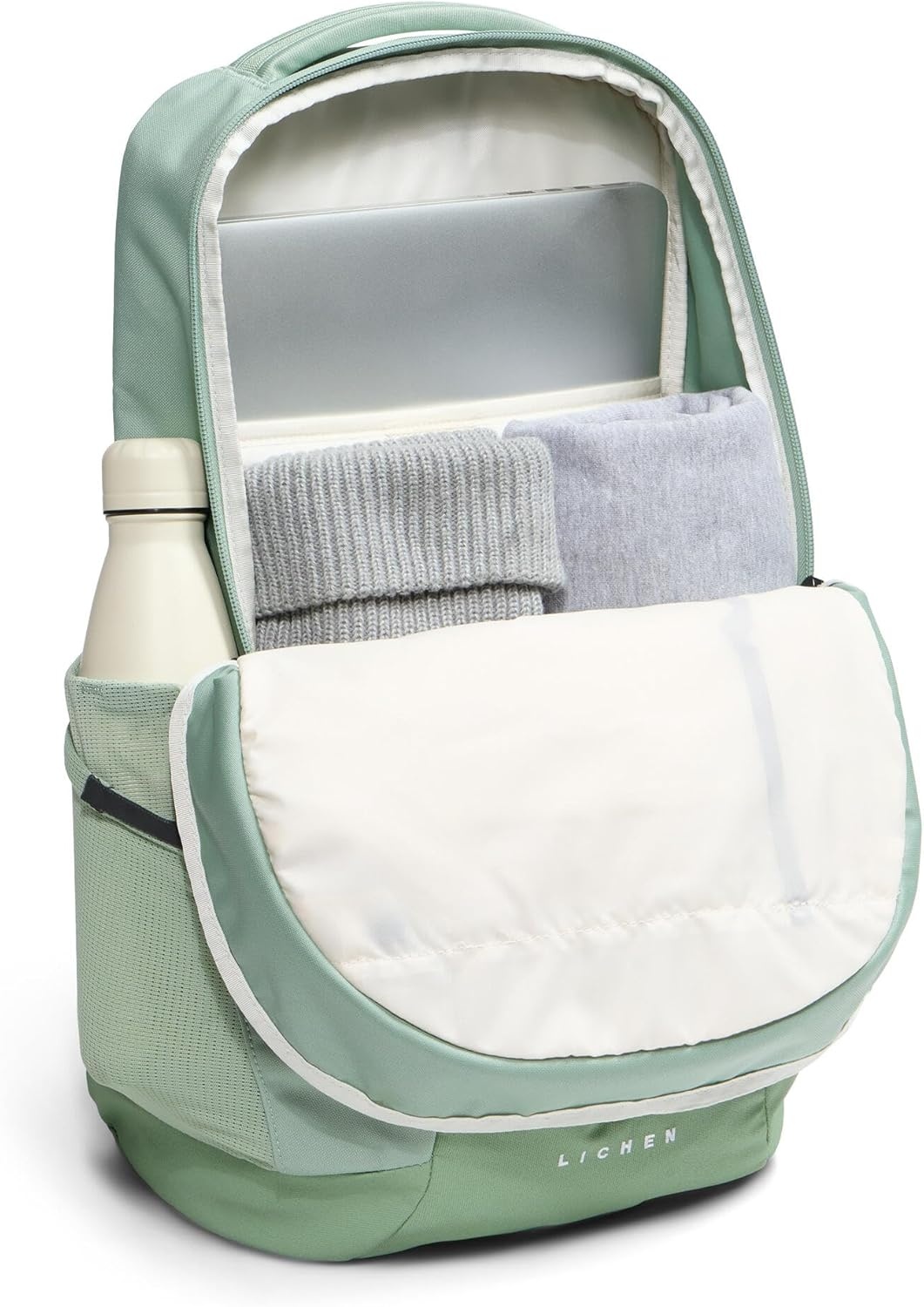 imageThe North Face Lichen Daypack Everyday Commuter Backpack Laptop Sleeve Water Bottle Pockets Center Front Pouch Smoked Pearl Dark HeatherTNF Black One SizeSlate MossTnf White