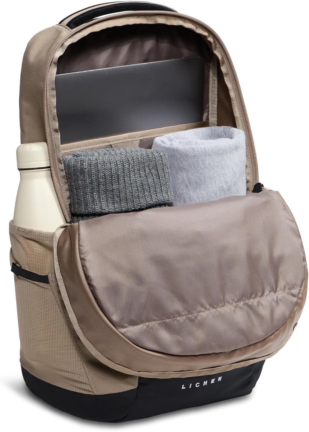 imageThe North Face Lichen Daypack Everyday Commuter Backpack Laptop Sleeve Water Bottle Pockets Center Front Pouch Smoked Pearl Dark HeatherTNF Black One SizeGarnetTnf Black