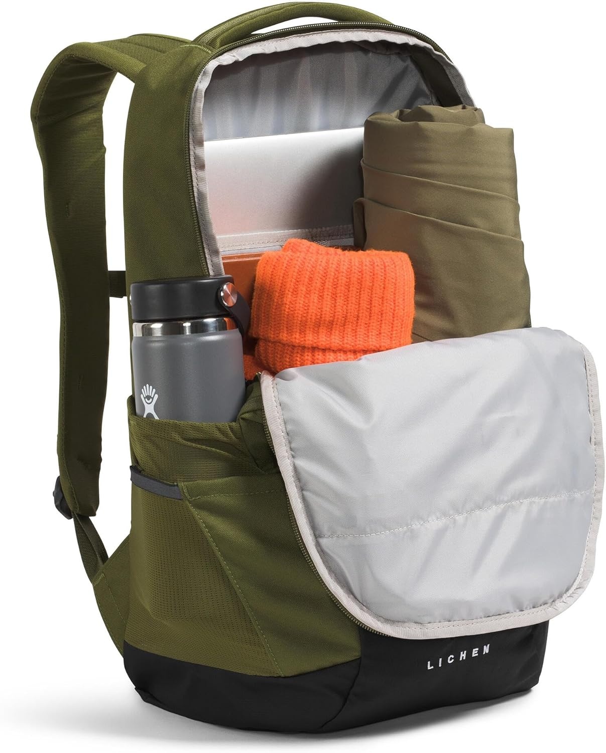 imageThe North Face Lichen Daypack Everyday Commuter Backpack Laptop Sleeve Water Bottle Pockets Center Front Pouch Smoked Pearl Dark HeatherTNF Black One SizeWoodland GreenTnf Black