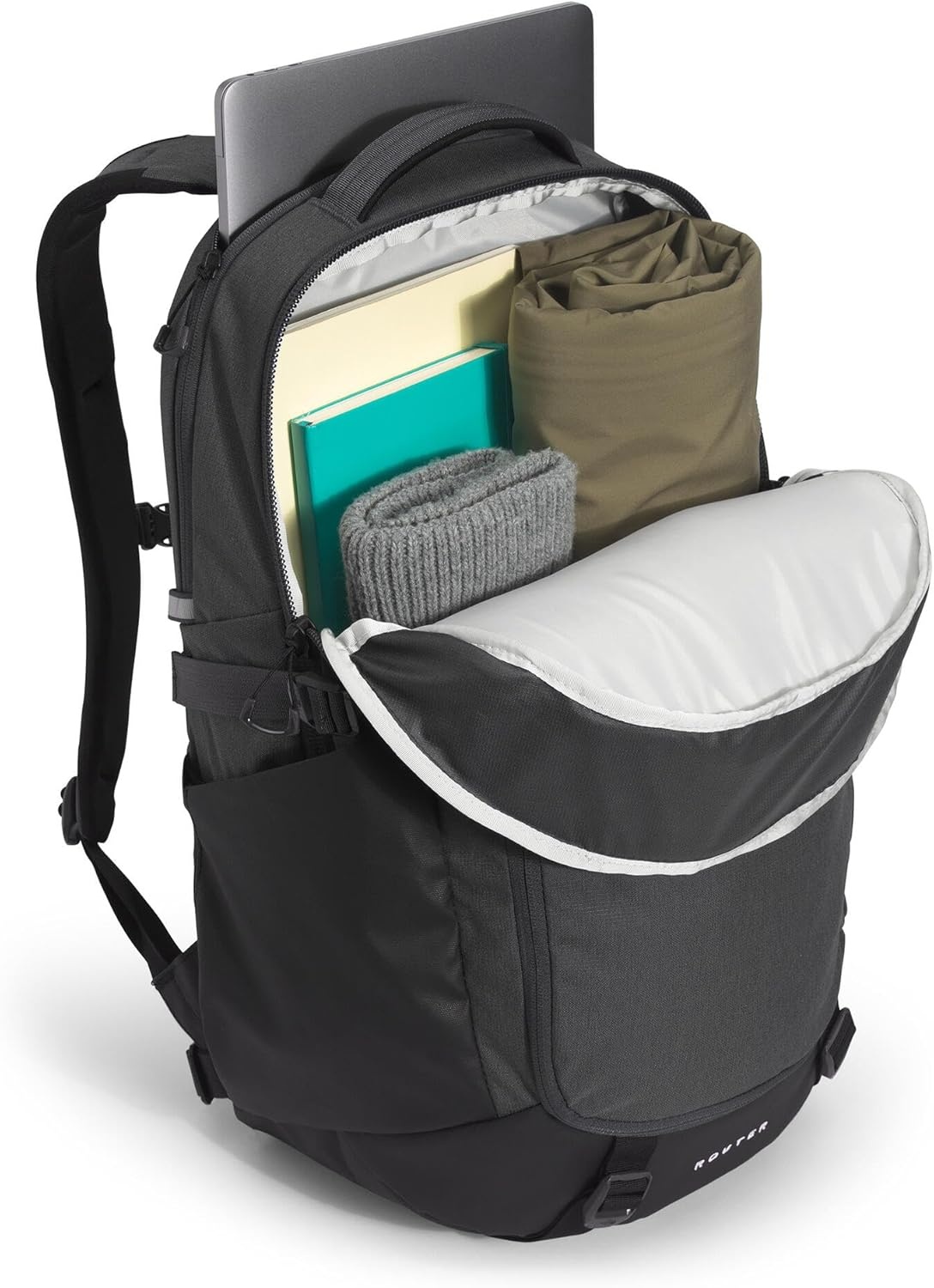 imageThe North Face Router Everyday Laptop Backpack Daypack Water Repellent Laptop Sleeve Reflective Details Asphalt Grey Light HeatherTNF BlackNPF One SizeAsphalt Grey Light HeatherTnf Blacknpf