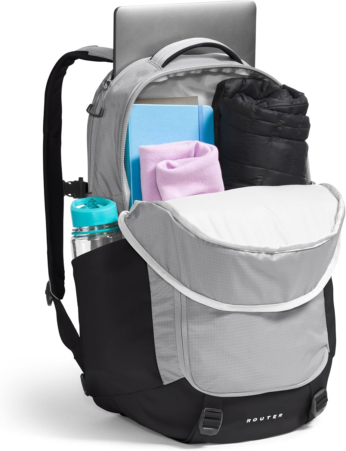 imageThe North Face Router Everyday Laptop Backpack Daypack Water Repellent Laptop Sleeve Reflective Details Asphalt Grey Light HeatherTNF BlackNPF One SizeMeld GreyTnf Blacknpf