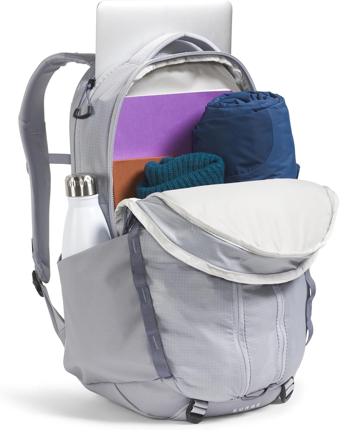 imageThe North Face Womens Surge Commuter Laptop Backpack Everyday Travel Bag Laptop Sleeve WaterRepellent TNF White Metallic MlangeMid GreyNPF One SizeBlue FlaxTwilight Galaxy
