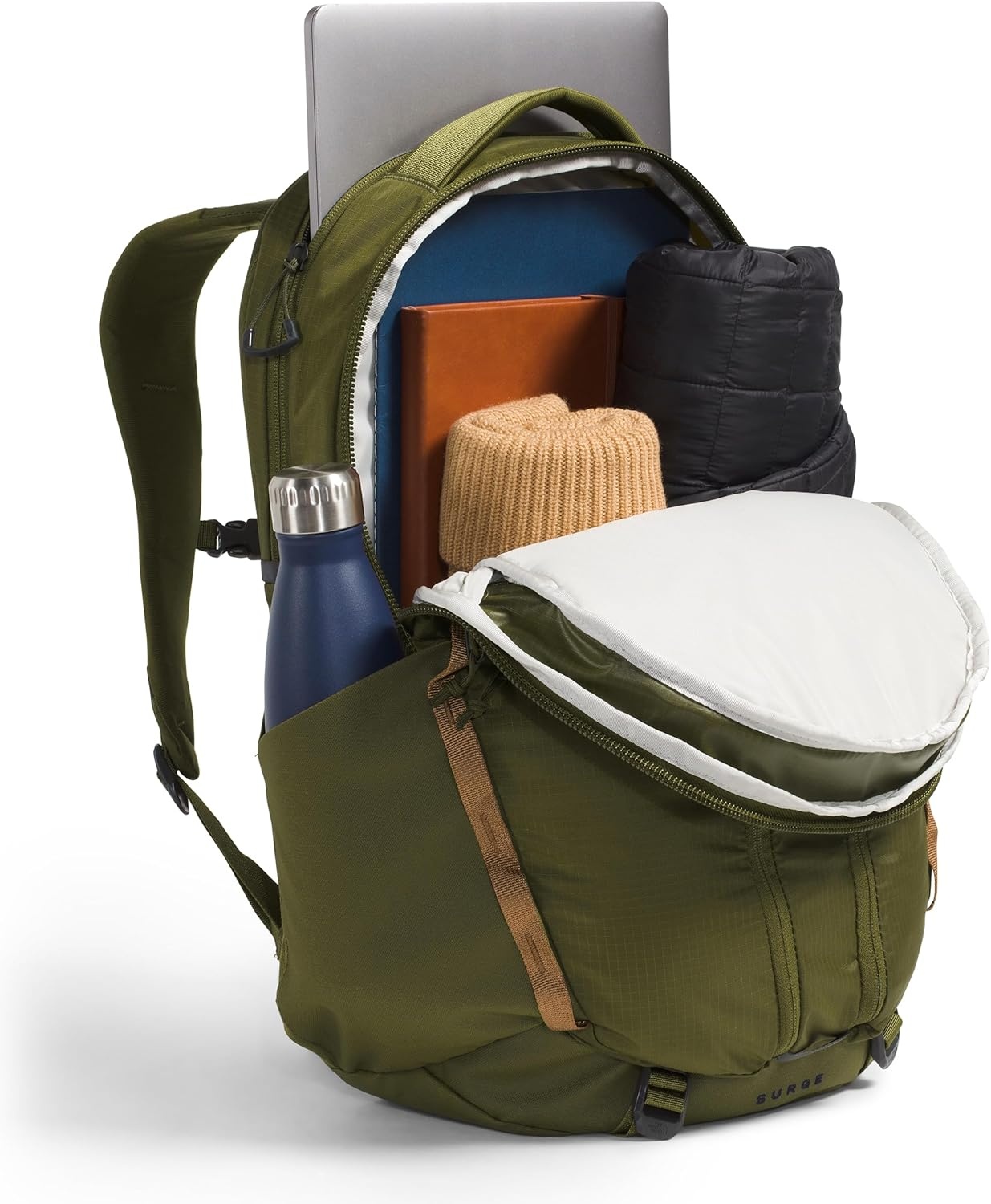 imageThe North Face Womens Surge Commuter Laptop Backpack Everyday Travel Bag Laptop Sleeve WaterRepellent TNF White Metallic MlangeMid GreyNPF One SizeForest OliveUtility Brown