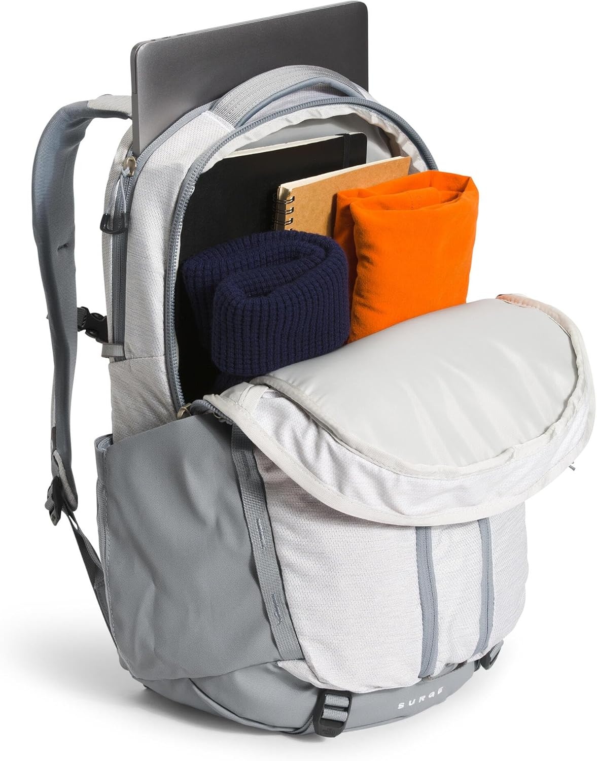 imageThe North Face Womens Surge Commuter Laptop Backpack Everyday Travel Bag Laptop Sleeve WaterRepellent TNF White Metallic MlangeMid GreyNPF One SizeTnf White Metallic MlangeMid Greynpf