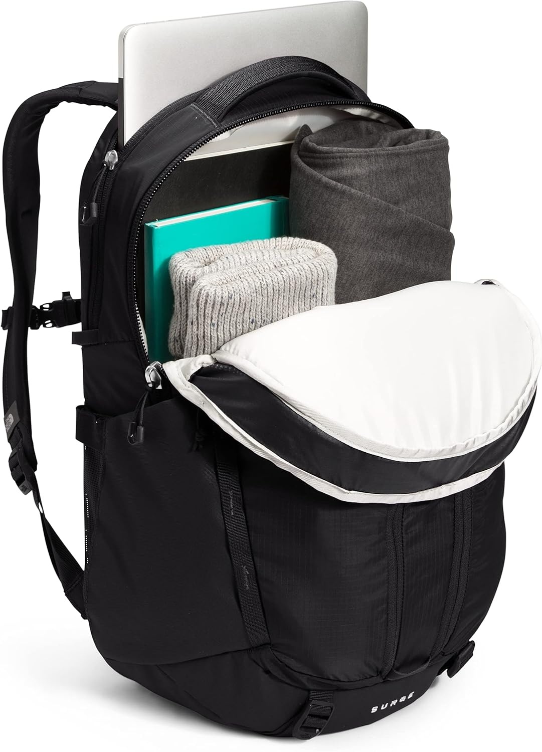 imageThe North Face Womens Surge Commuter Laptop Backpack Everyday Travel Bag Laptop Sleeve WaterRepellent TNF White Metallic MlangeMid GreyNPF One SizeTnf BlackTnf Black