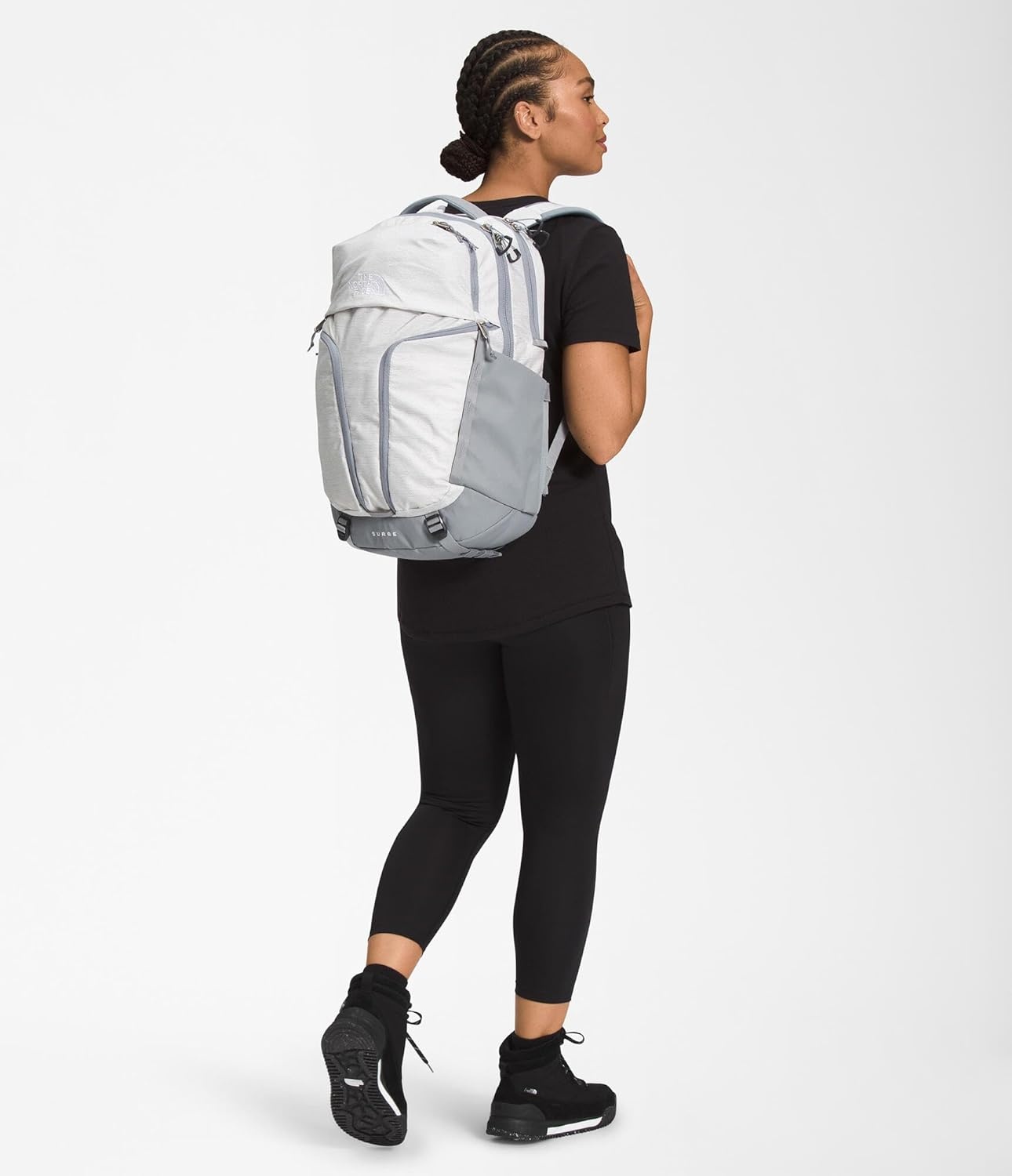 imageThe North Face Womens Surge Commuter Laptop Backpack Everyday Travel Bag Laptop Sleeve WaterRepellent TNF White Metallic MlangeMid GreyNPF One SizeTnf White Metallic MlangeMid Greynpf