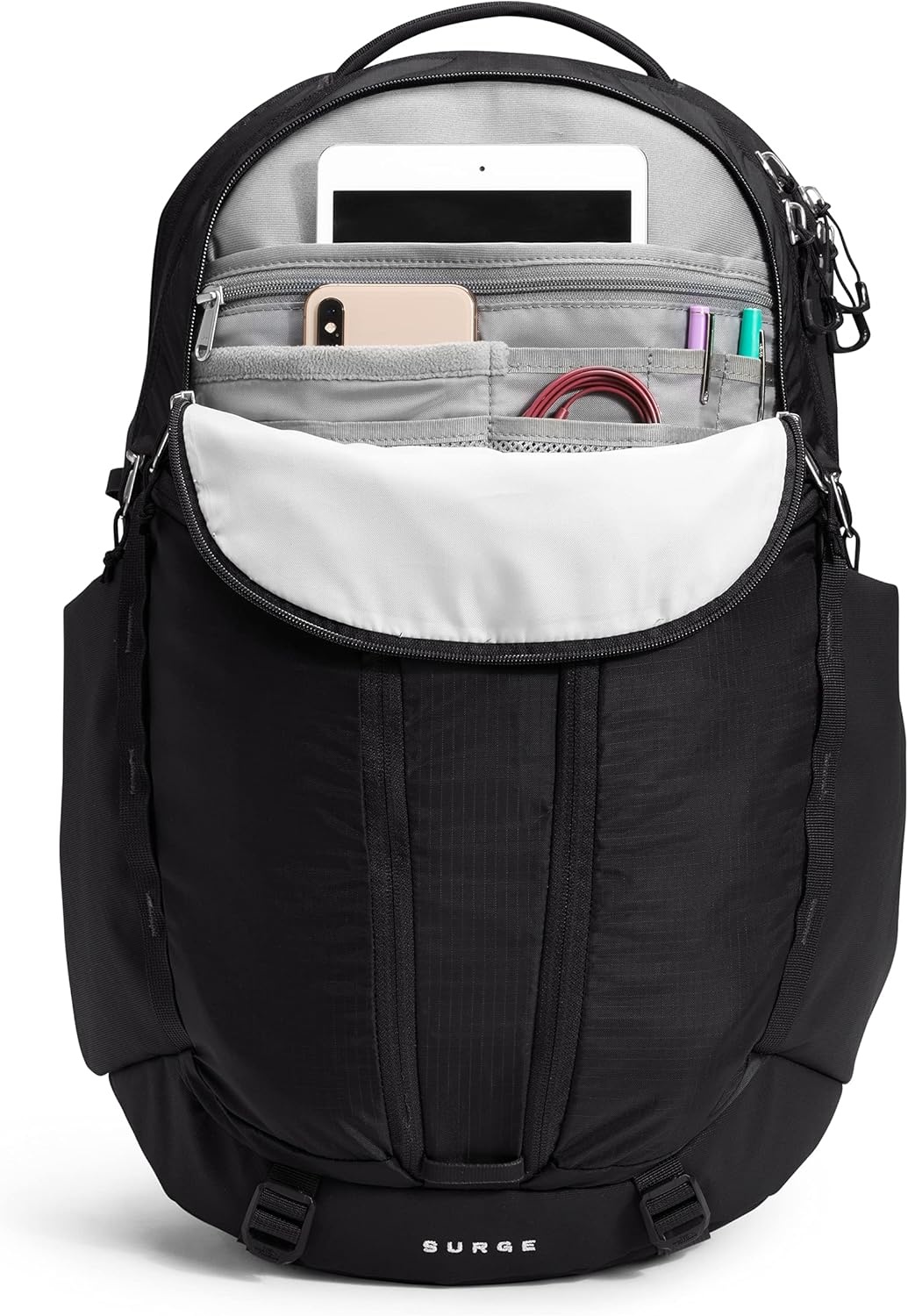 imageThe North Face Womens Surge Commuter Laptop Backpack Everyday Travel Bag Laptop Sleeve WaterRepellent TNF White Metallic MlangeMid GreyNPF One SizeTnf BlackTnf Black