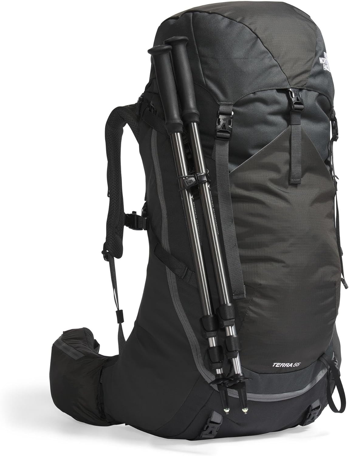 imageThe North Face Womens Terra 55 Backpack Hiking Pack WomenSpecific Fit CinchTop Opening Pole amp Ice Axe Attachments Asphalt GreyTNF BlackNPF XSmallSmallAsphalt GreyTnf Blacknpf