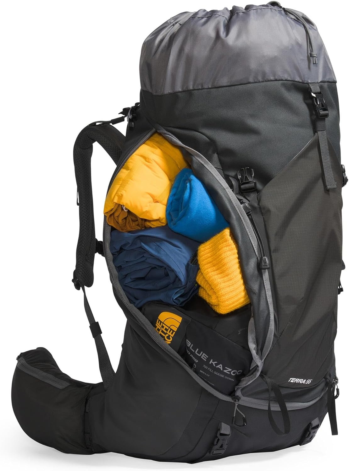 imageThe North Face Womens Terra 55 Backpack Hiking Pack WomenSpecific Fit CinchTop Opening Pole amp Ice Axe Attachments Asphalt GreyTNF BlackNPF XSmallSmallAsphalt GreyTnf Blacknpf