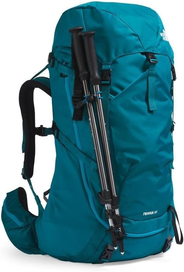 imageThe North Face Womens Terra 55 Backpack Hiking Pack WomenSpecific Fit CinchTop Opening Pole amp Ice Axe Attachments Asphalt GreyTNF BlackNPF XSmallSmallBlue MossSapphire Slatenpf