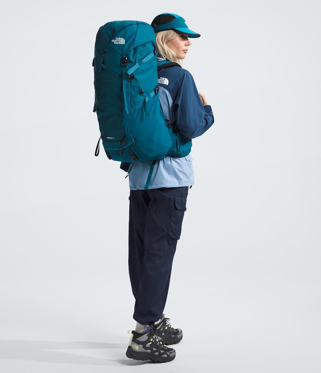 imageThe North Face Womens Terra 55 Backpack Hiking Pack WomenSpecific Fit CinchTop Opening Pole amp Ice Axe Attachments Asphalt GreyTNF BlackNPF XSmallSmallBlue MossSapphire Slatenpf