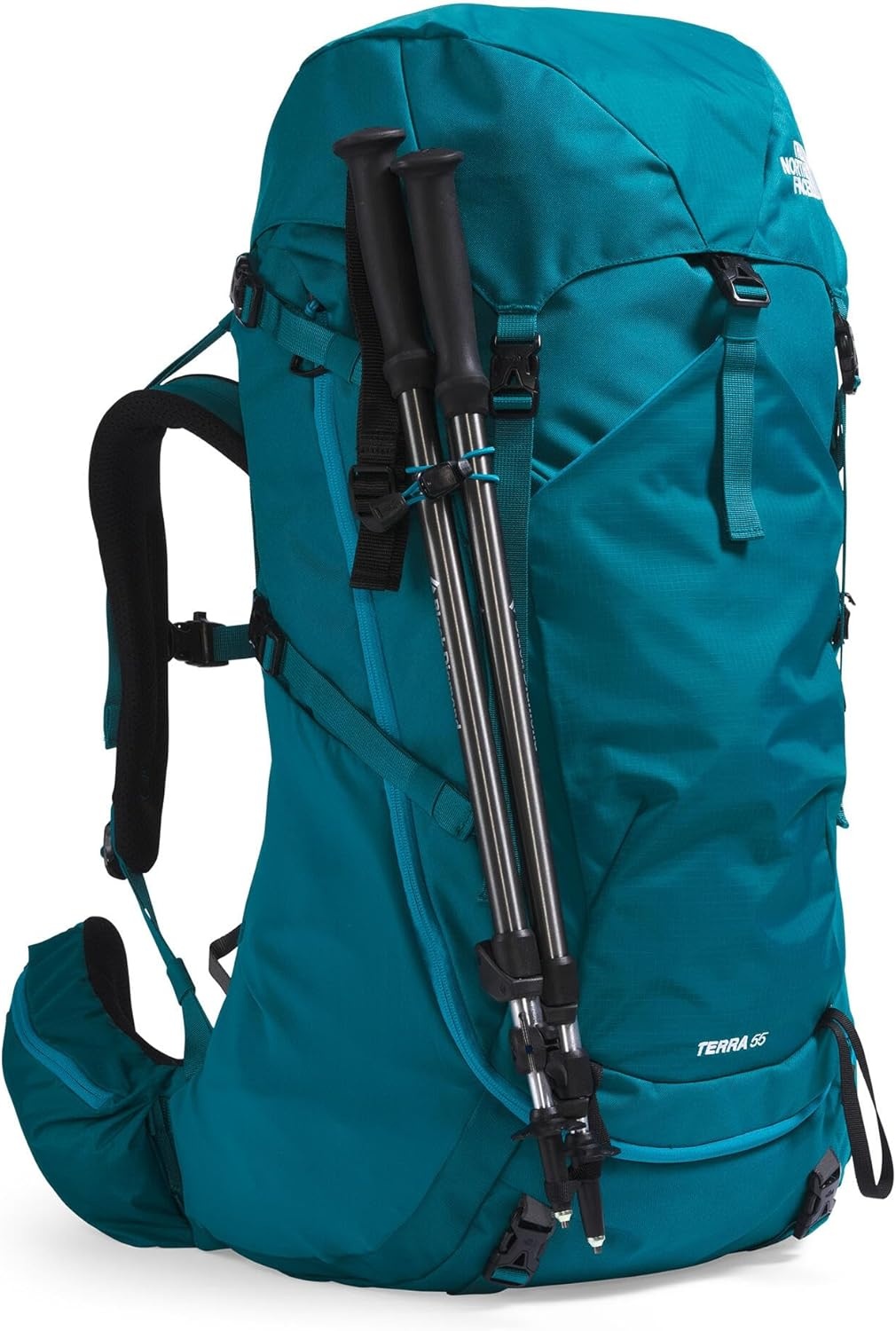 imageThe North Face Womens Terra 55 Backpack Hiking Pack WomenSpecific Fit CinchTop Opening Pole amp Ice Axe Attachments Asphalt GreyTNF BlackNPF XSmallSmallBlue MossSapphire Slatenpf