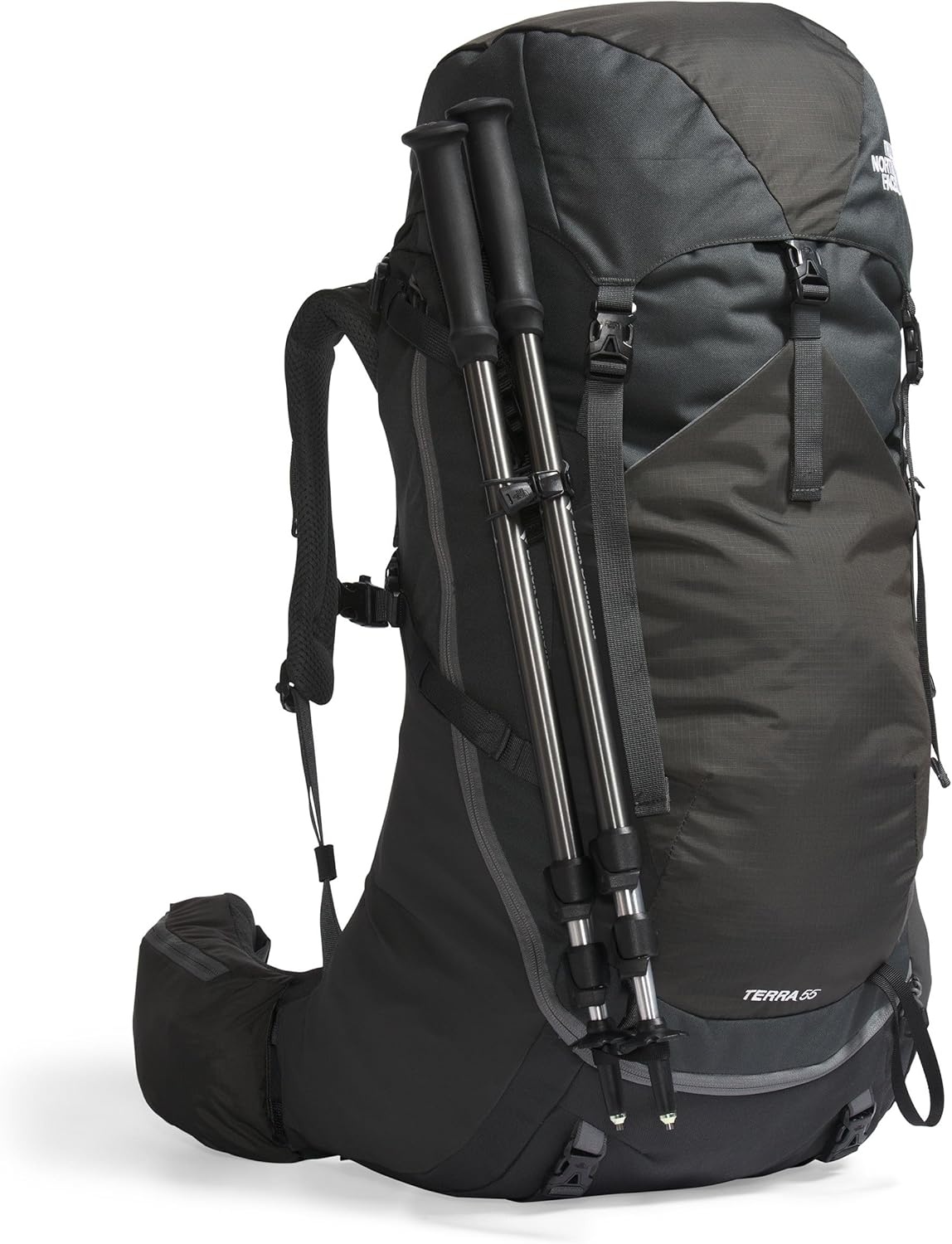 imageThe North Face Womens Terra 55 Backpack Hiking Pack WomenSpecific Fit CinchTop Opening Pole amp Ice Axe Attachments Asphalt GreyTNF BlackNPF XSmallSmallAsphalt GreyTnf Blacknpf