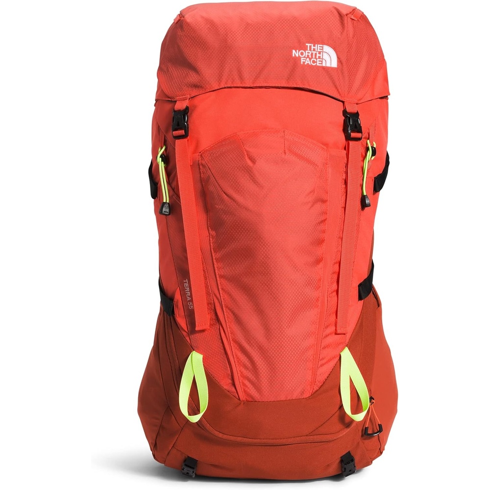 imageThe North Face Womens Terra 55 Backpack Hiking Pack WomenSpecific Fit CinchTop Opening Pole amp Ice Axe Attachments Asphalt GreyTNF BlackNPF XSmallSmallRetro OrangeRusted BronzeLed Yellow