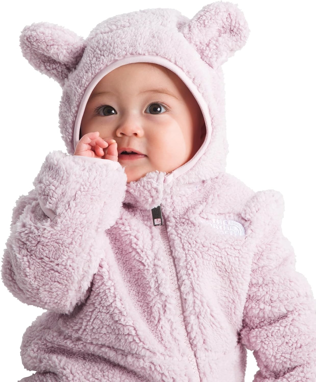 imageTHE NORTH FACE Baby Campshire Onepiece Cozy Fleece Winter Onesie With Mittens Booties amp Attached Bear Ear HoodPale Blossom