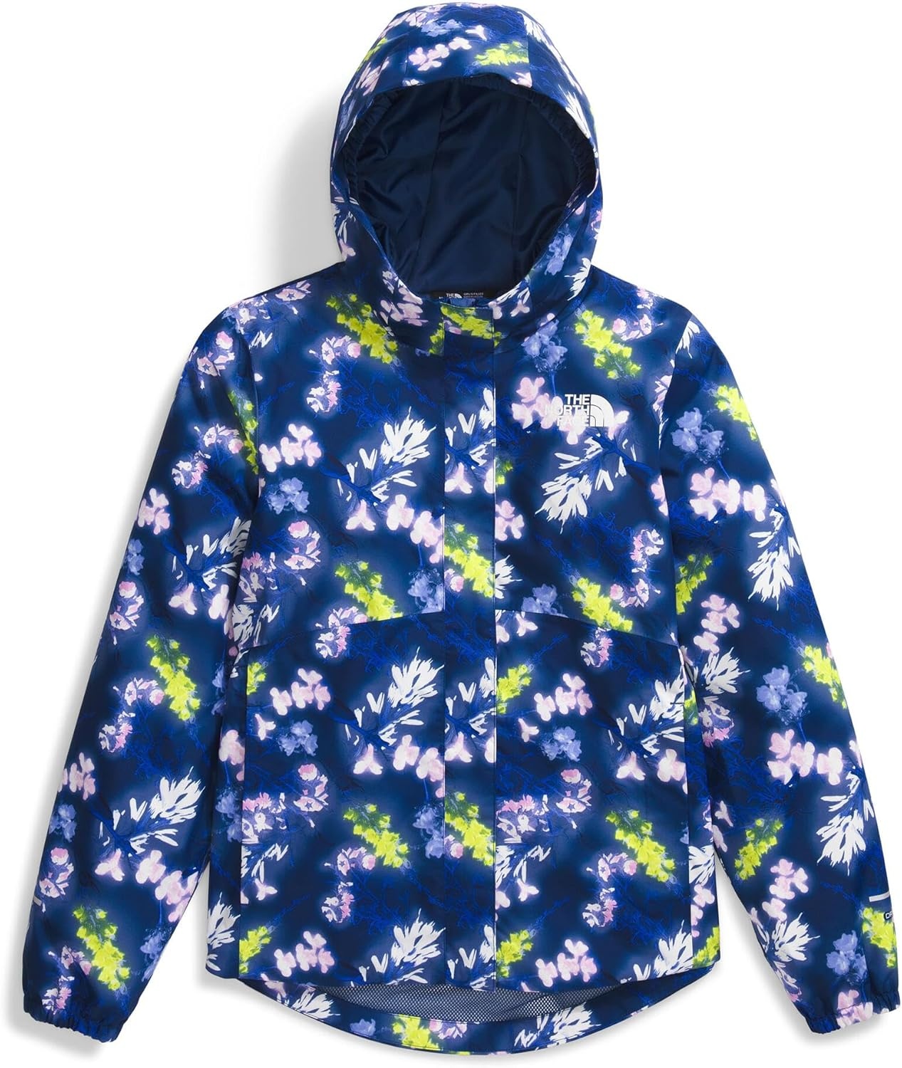 image:imageTHE NORTH FACE Girls Antora Rain Jacket Waterproof Breathable 3piece Hood Secure Zip Hand PocketEstate Blue Florescent Floral Print