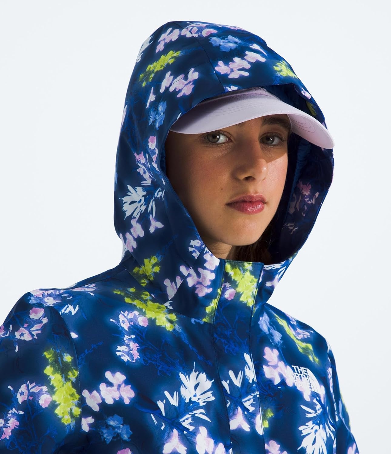 image:imageTHE NORTH FACE Girls Antora Rain Jacket Waterproof Breathable 3piece Hood Secure Zip Hand PocketEstate Blue Florescent Floral Print