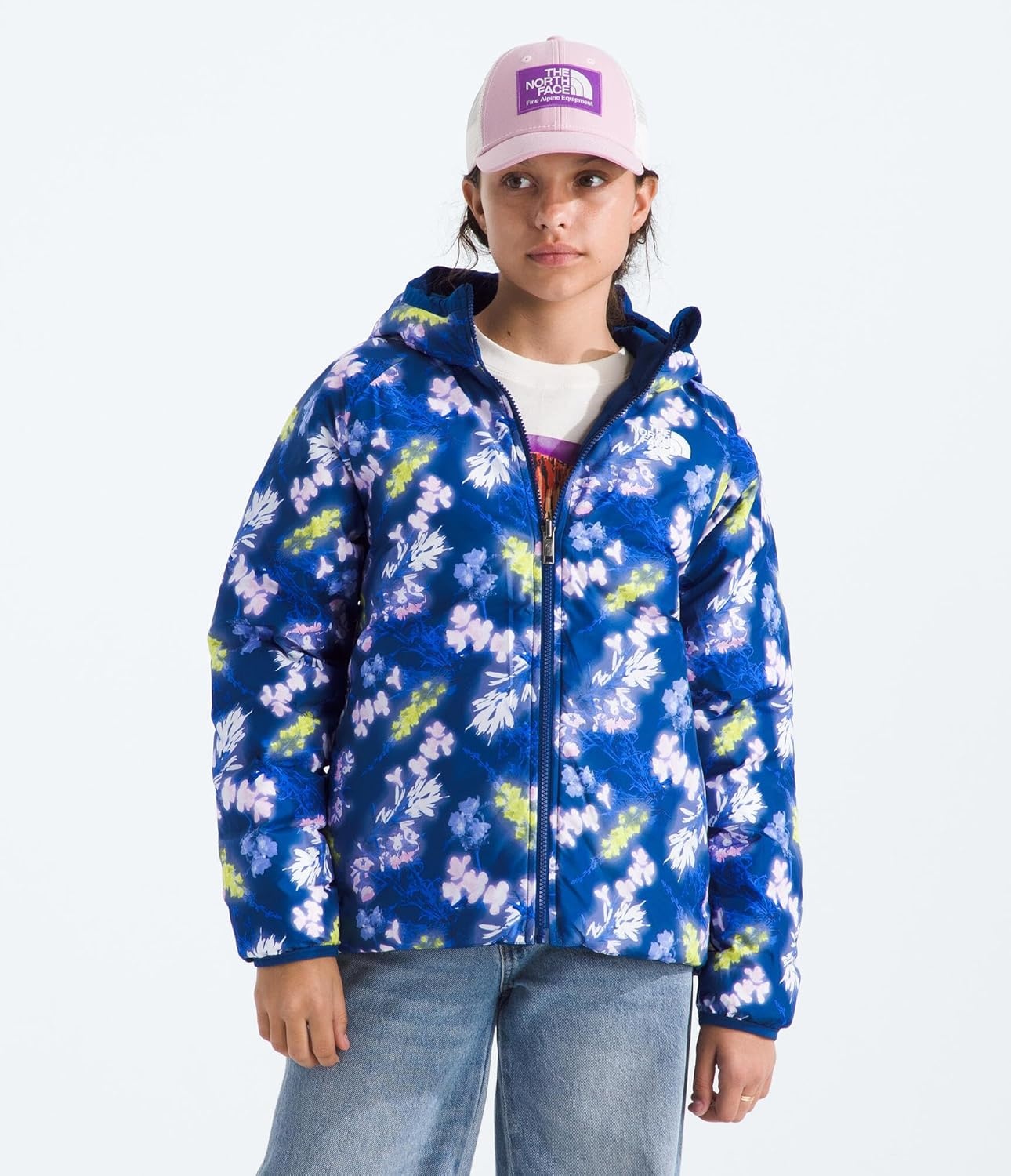 imageTHE NORTH FACE Girls Reversible Perrito Hooded Jacket Lightweight amp Water Resistant Winter Coat Synthetic InsulationEstate Blue