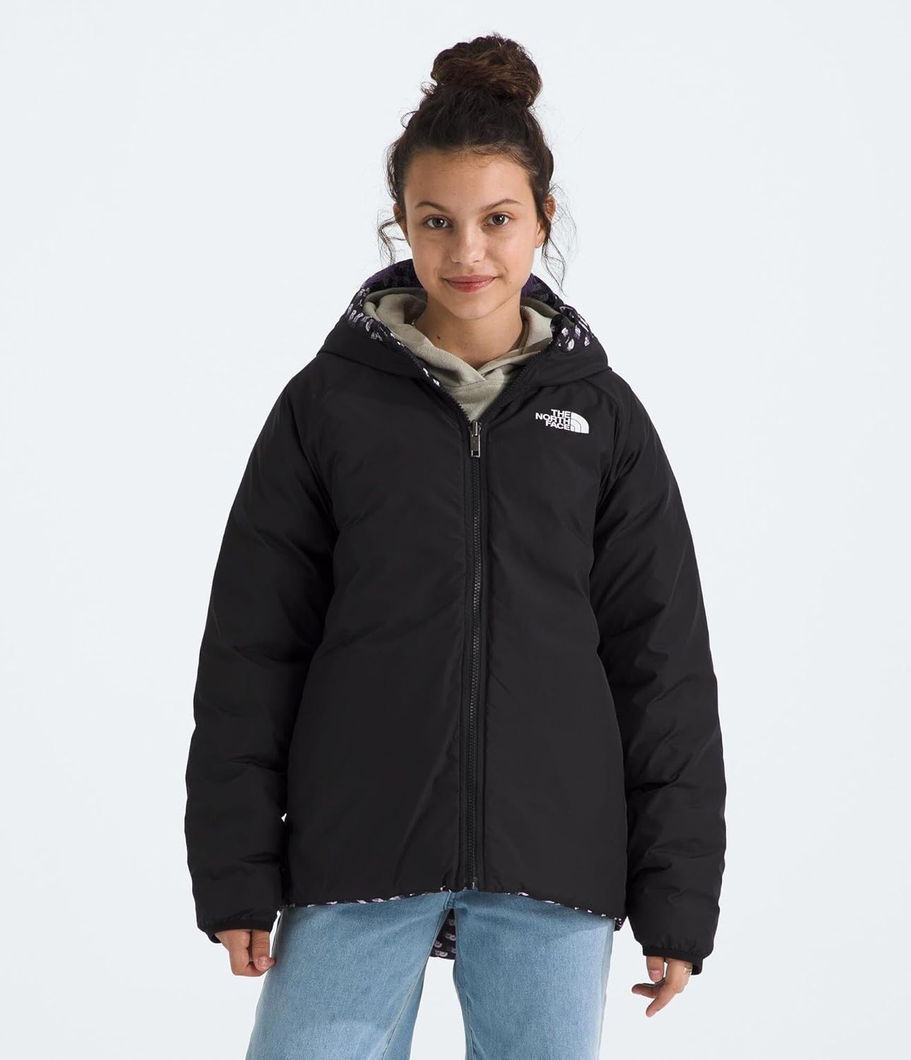 imageTHE NORTH FACE Girls Reversible Perrito Hooded Jacket Lightweight amp Water Resistant Winter Coat Synthetic InsulationTnf Black Vector Field Print