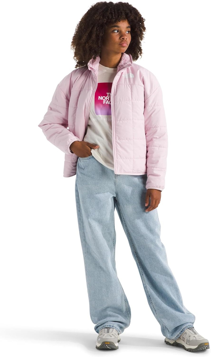 imageTHE NORTH FACE Girls Reversible Shasta Full Zip Jacket Puffer Coat With Synthetic Insulation Fleece Lined Water RepellentPale Blossom