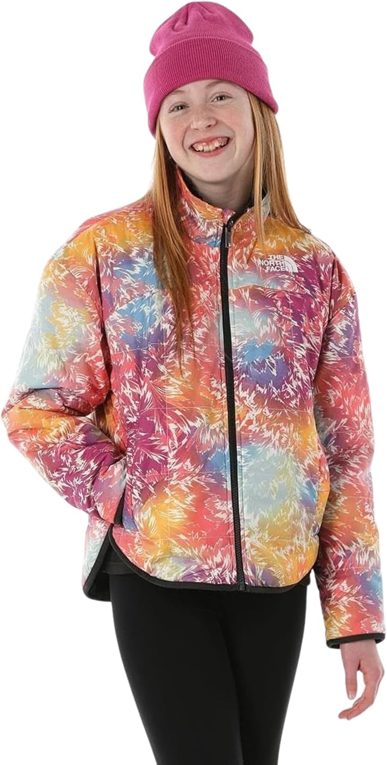 imageTHE NORTH FACE Girls Reversible Shasta Full Zip Jacket Puffer Coat With Synthetic Insulation Fleece Lined Water RepellentRadiant Poppy Blowing Wind Print