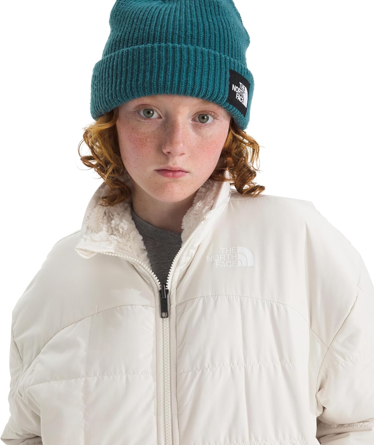 imageTHE NORTH FACE Girls Reversible Shasta Full Zip Jacket Puffer Coat With Synthetic Insulation Fleece Lined Water RepellentWhite Dune