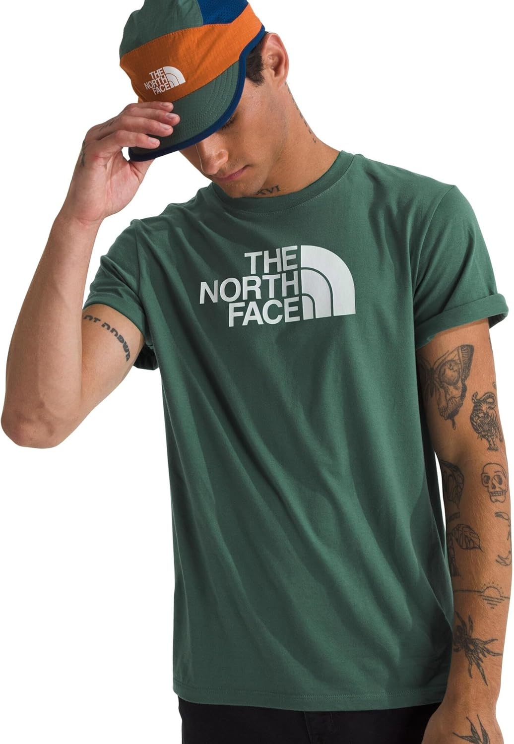 image:imageTHE NORTH FACE Mens Core Half Dome Shortsleeve Tee Regular Fit Cotton Shirt With Graphic Design amp Ribbed CollarDuck GreenTnf White