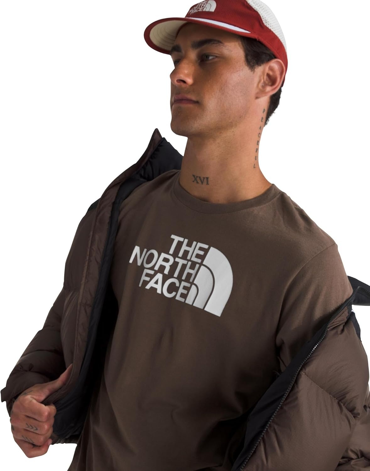 image:imageTHE NORTH FACE Mens Core Half Dome Shortsleeve Tee Regular Fit Cotton Shirt With Graphic Design amp Ribbed CollarSmokey BrownTnf White
