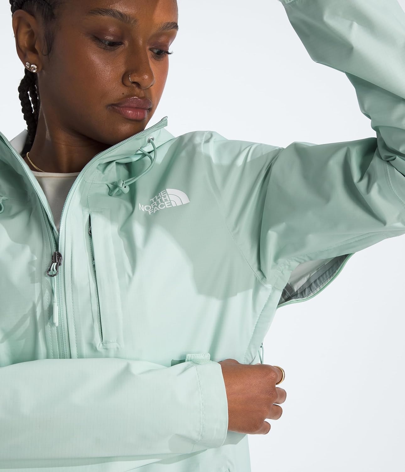 image:imageTHE NORTH FACE Womens Alta Vista Rain Jacket 3 Piece Hood With Adjustable Cinchcord Waterproof BreathableOpal Frost