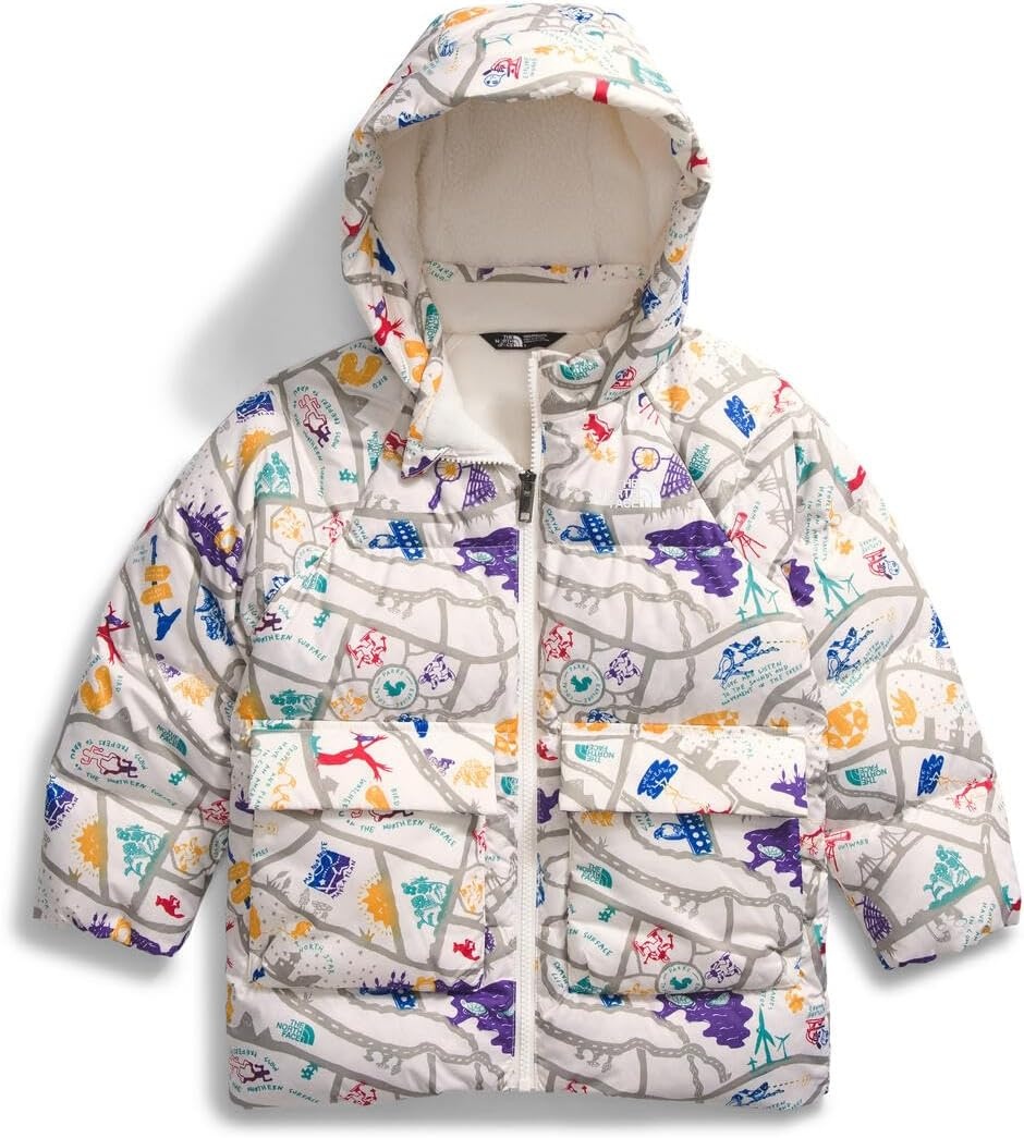 imageTHE NORTH FACE unisexbaby North Down Fleecelined ParkaWhite Dune Woodcut Trail Map Print