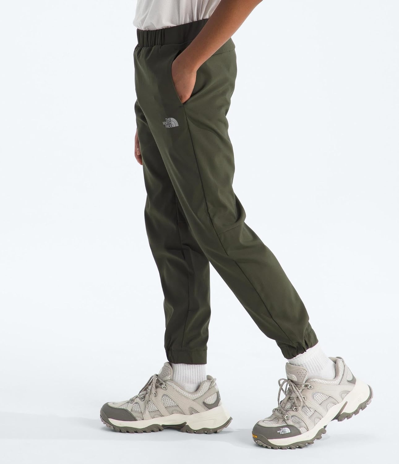 imageThe North Face Boys On The Trail Pant Moisture Wicking Water Repellent Elastic Waistband with Drawcord Zip Back PocketNew Taupe GreenSilver Reflective