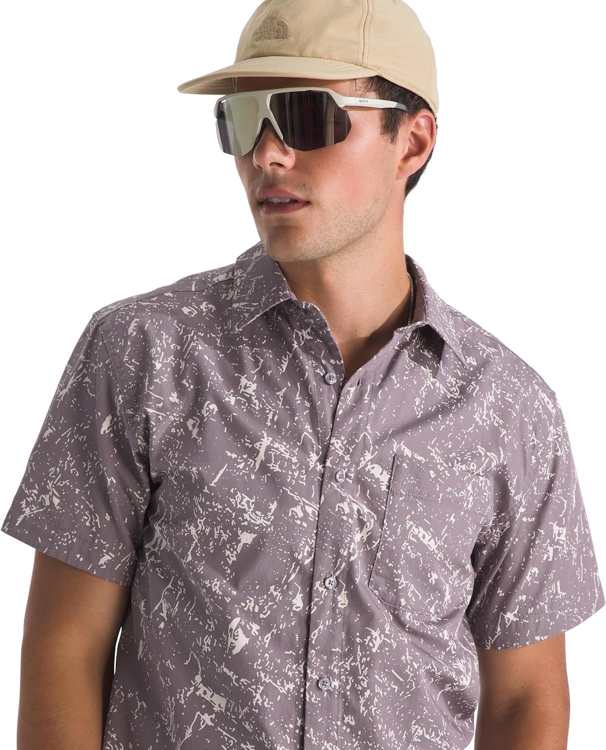 image:imageThe North Face Mens Short Sleeve Baytrail Pattern ButtonDown Shirt Soft Cotton TShirt Chest PocketTranscendent Grey Rock Texture Print