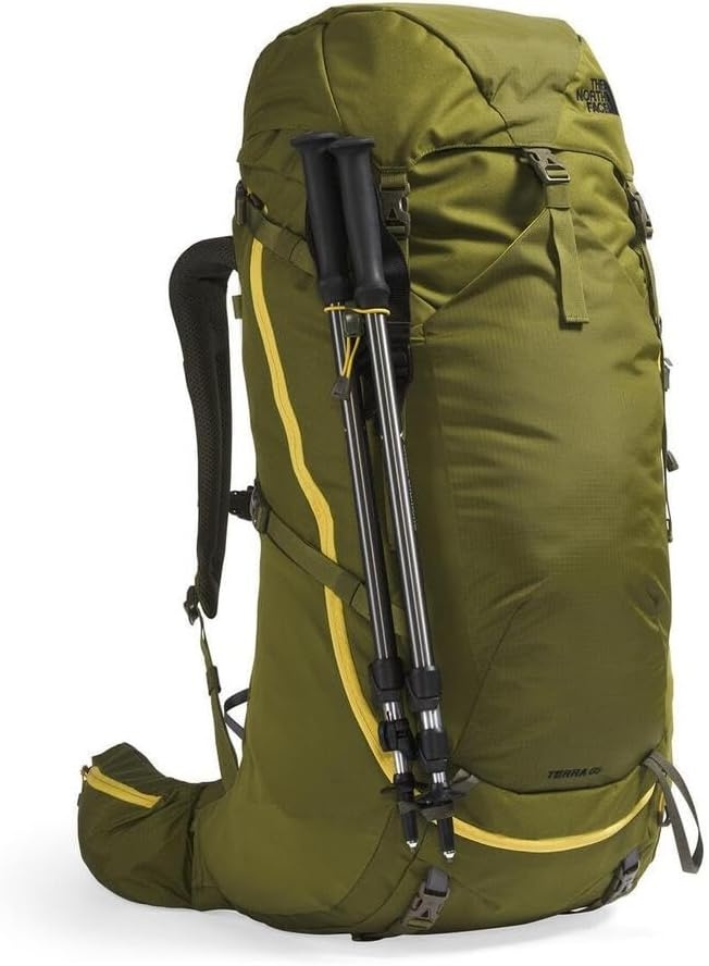 imageThe North Face Terra 65 Backpack Unisex Hiking Pack CinchTop Opening with Zipper Pole amp Ice Axe Attachments TNF BlackAsphalt GreyNPF LargeXLargeForest OliveNew Taupe Greennpf
