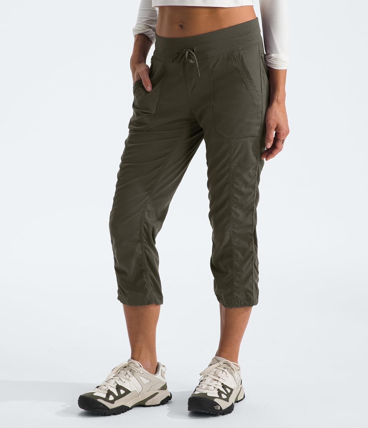 image:imageThe North Face Womens Aphrodite 20 Capri Moisture Wicking Water Repellent Finish UPF 40 ProtectionNew Taupe Greennpf