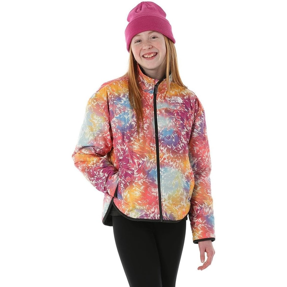 imageTHE NORTH FACE Girls Reversible Shasta Full Zip Jacket Puffer Coat With Synthetic Insulation Fleece Lined Water RepellentRadiant Poppy Blowing Wind Print