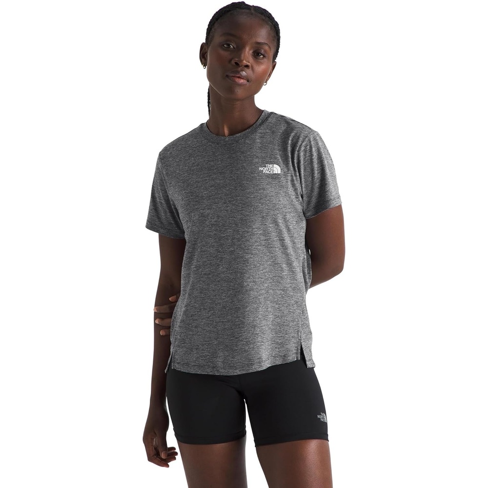 image:imageThe North Face Womens Flex ShortSleeve Tee Moisture Wicking Forward Set Side Seams Split HemTnf Black Light Heather