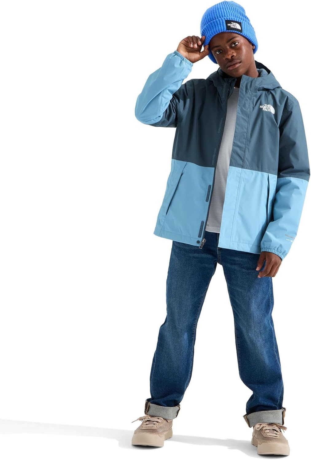 image:imageTHE NORTH FACE Boys Warm Antora Rain Jacket Waterproof Breathable Heatseeker Insulation 3piece Hood Zip PocketsGranite GreyPale Teal