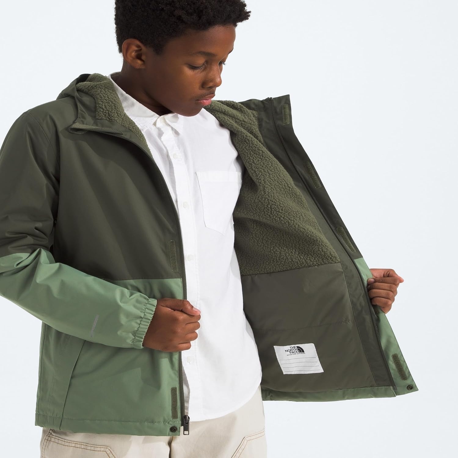 image:imageTHE NORTH FACE Boys Warm Antora Rain Jacket Waterproof Breathable Heatseeker Insulation 3piece Hood Zip PocketsNew Taupe GreenBark Mist