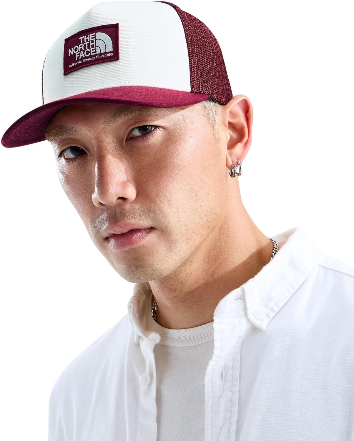 image:imageTHE NORTH FACE Keep It Patched Trucker Deep Fit Snapback Hat for Men amp Women With Breathable Mesh PanelsBurgundy CrushWhite Dune
