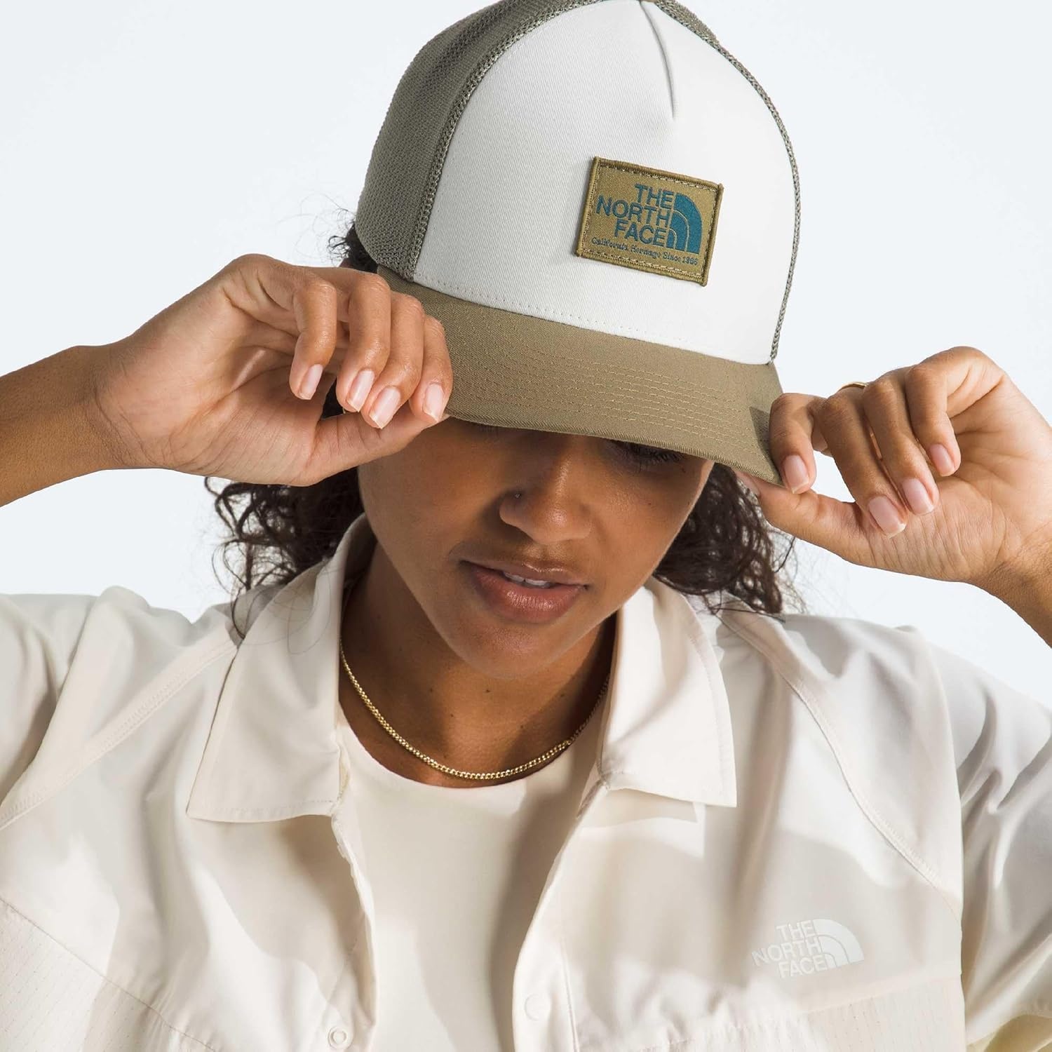 image:imageTHE NORTH FACE Keep It Patched Trucker Deep Fit Snapback Hat for Men amp Women With Breathable Mesh PanelsCedarWhite Dune