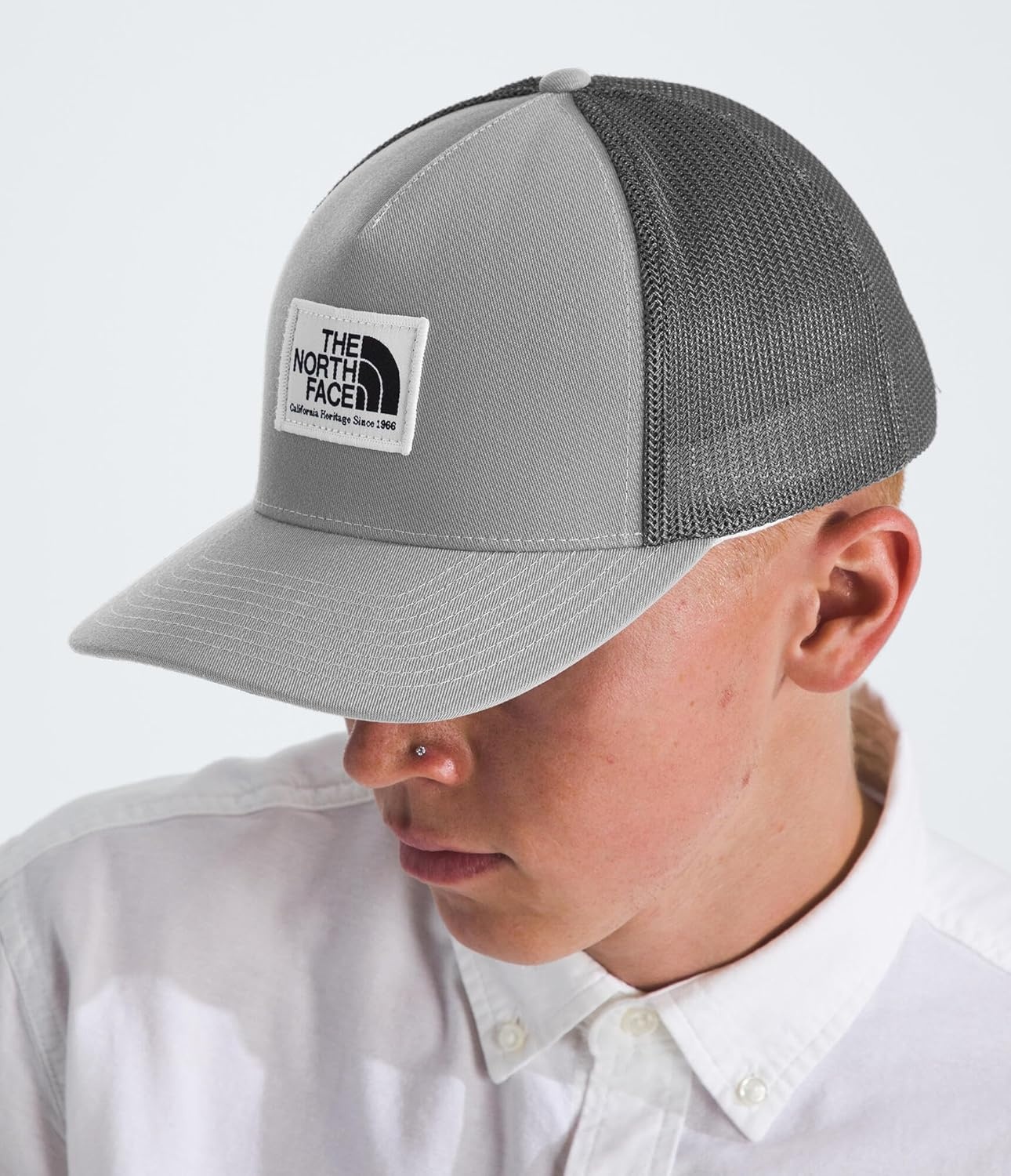 image:imageTHE NORTH FACE Keep It Patched Trucker Deep Fit Snapback Hat for Men amp Women With Breathable Mesh PanelsTnf Light Grey HeatherTnf White