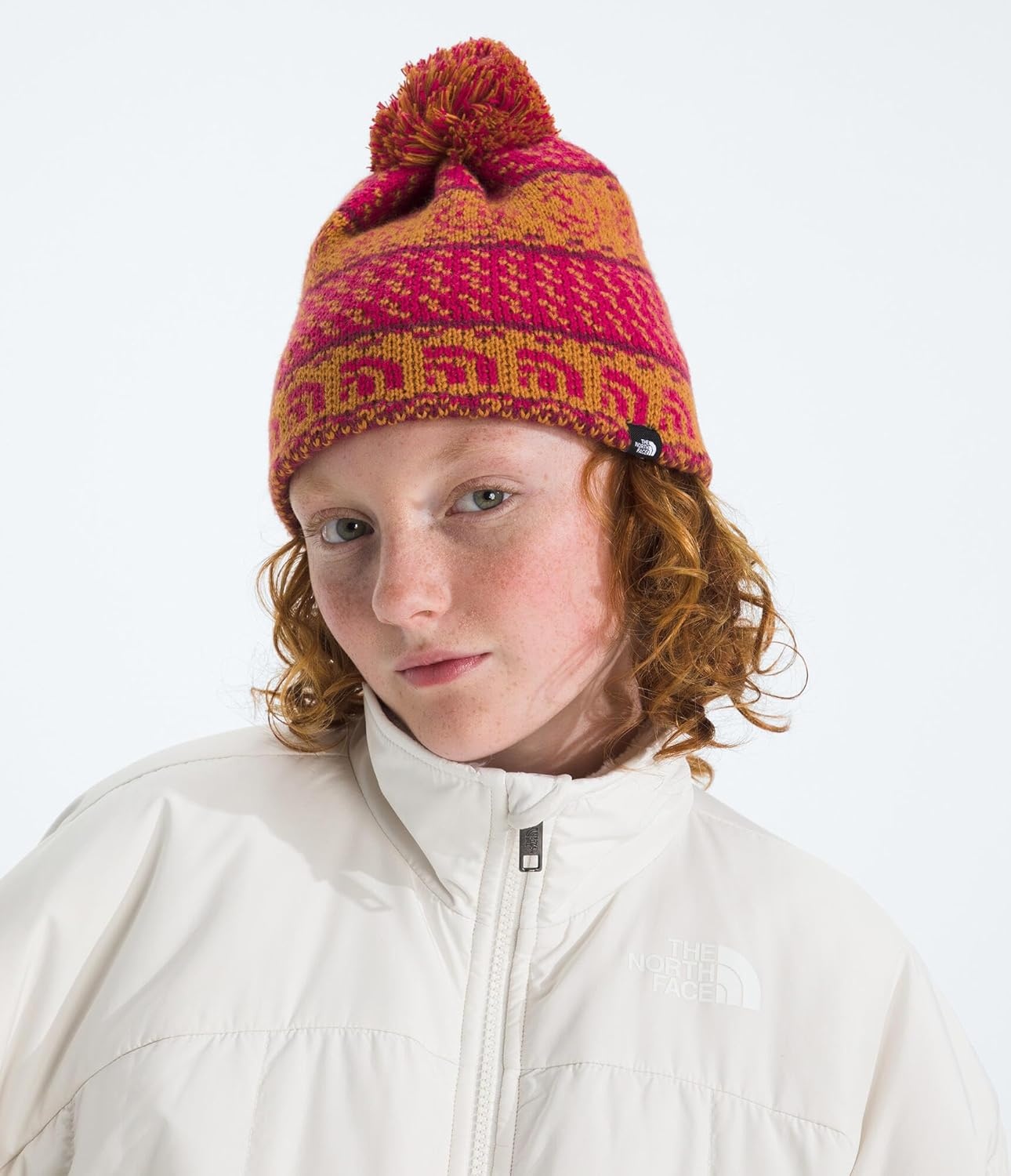 image:imageTHE NORTH FACE Kids Cabin Ski Tuke Winter Hat With Novelty Jacquard Graphic Sustainable Fabric Removable PomCitrine Yellow Jacquard
