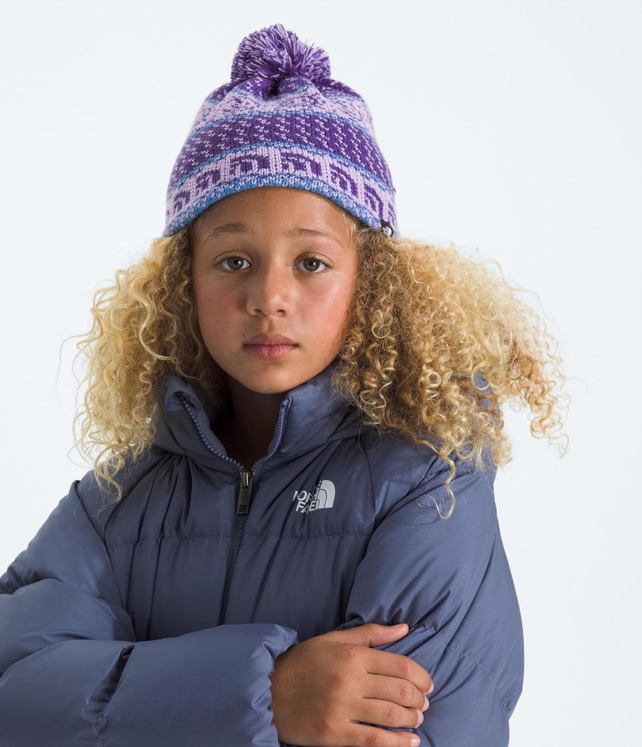 image:imageTHE NORTH FACE Kids Cabin Ski Tuke Winter Hat With Novelty Jacquard Graphic Sustainable Fabric Removable PomLite Lilac Jacquard
