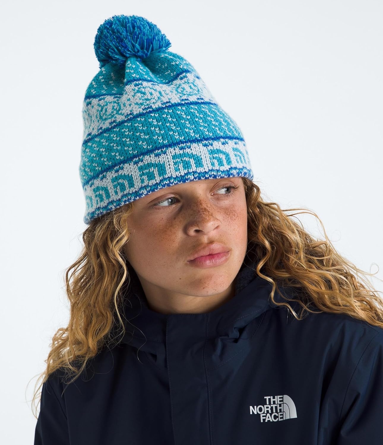image:imageTHE NORTH FACE Kids Cabin Ski Tuke Winter Hat With Novelty Jacquard Graphic Sustainable Fabric Removable PomPolar Haze Jacquard