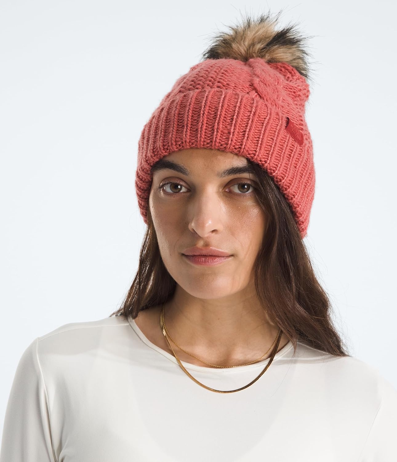 image:imageTHE NORTH FACE Womens Oh Mega Fur Pom Beanie Deep Fit Cuffed Winter Hat With Oversized Fauxfur Pom amp Cable DetailingMars Dust