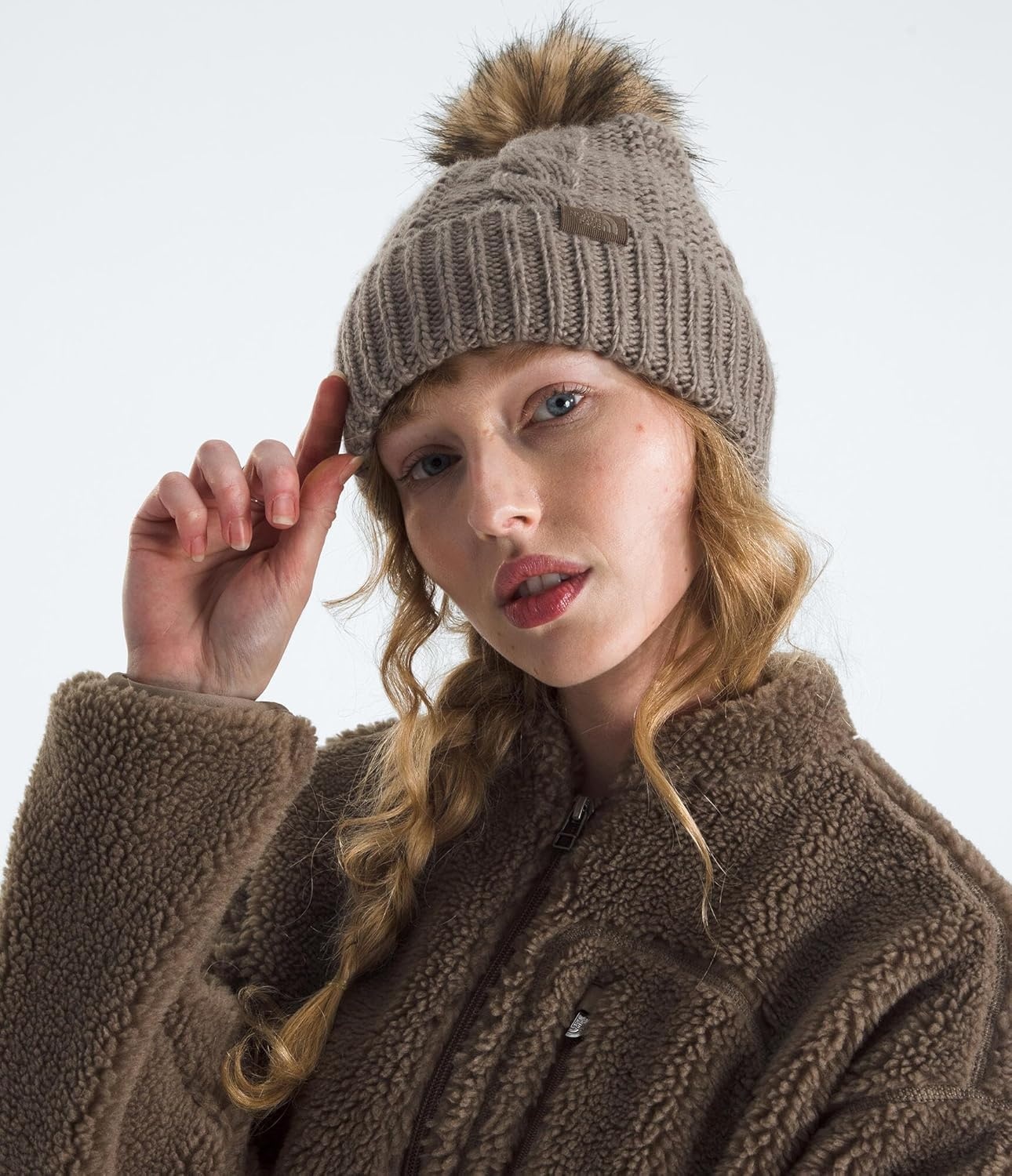 image:imageTHE NORTH FACE Womens Oh Mega Fur Pom Beanie Deep Fit Cuffed Winter Hat With Oversized Fauxfur Pom amp Cable DetailingMocha Brown