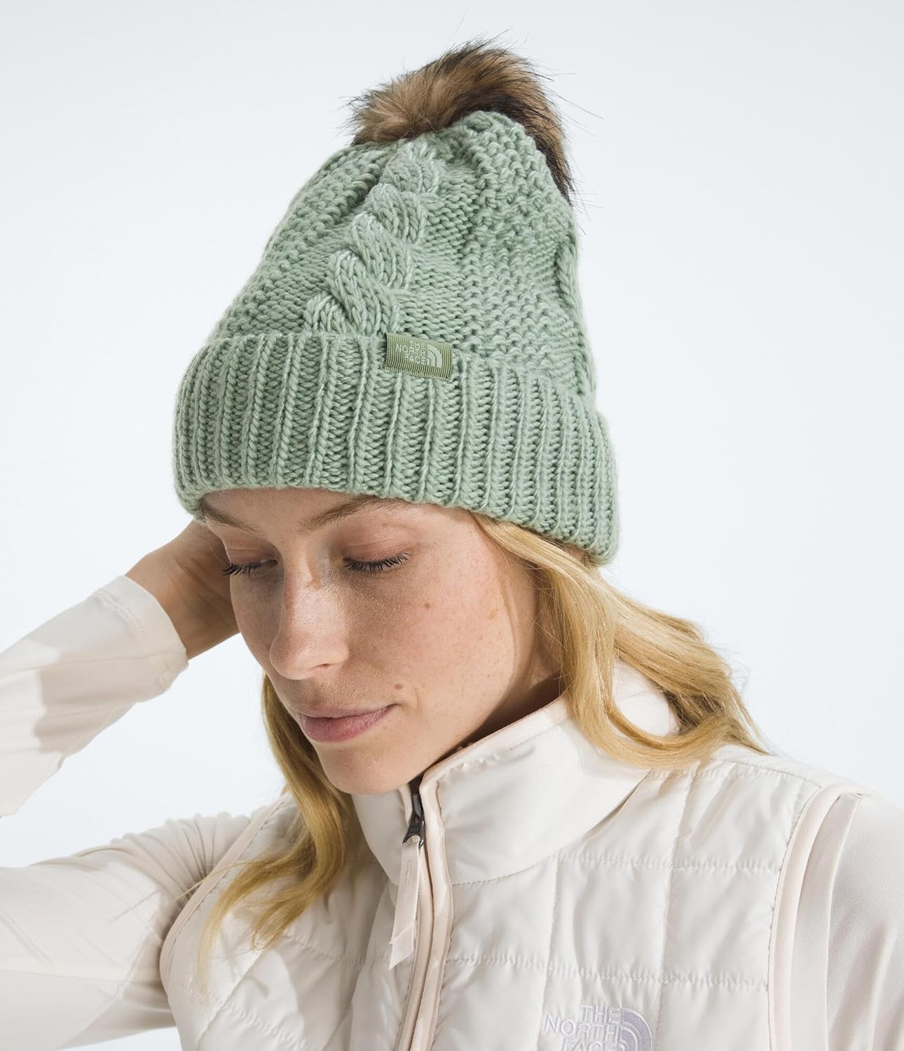 image:imageTHE NORTH FACE Womens Oh Mega Fur Pom Beanie Deep Fit Cuffed Winter Hat With Oversized Fauxfur Pom amp Cable DetailingSlate Moss
